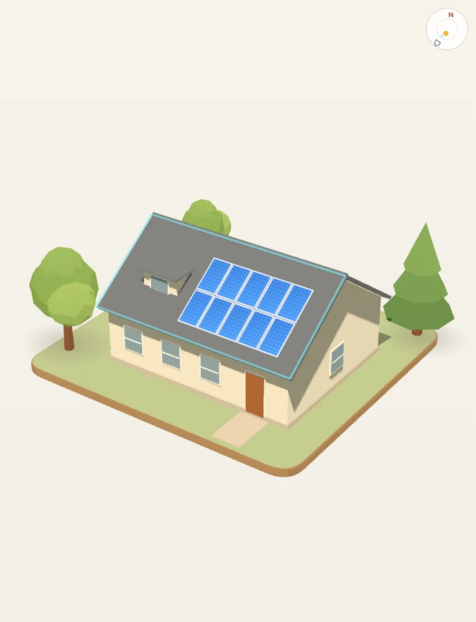 An illustrated house with ten solar panels on the sunny side of its roof, trees around it