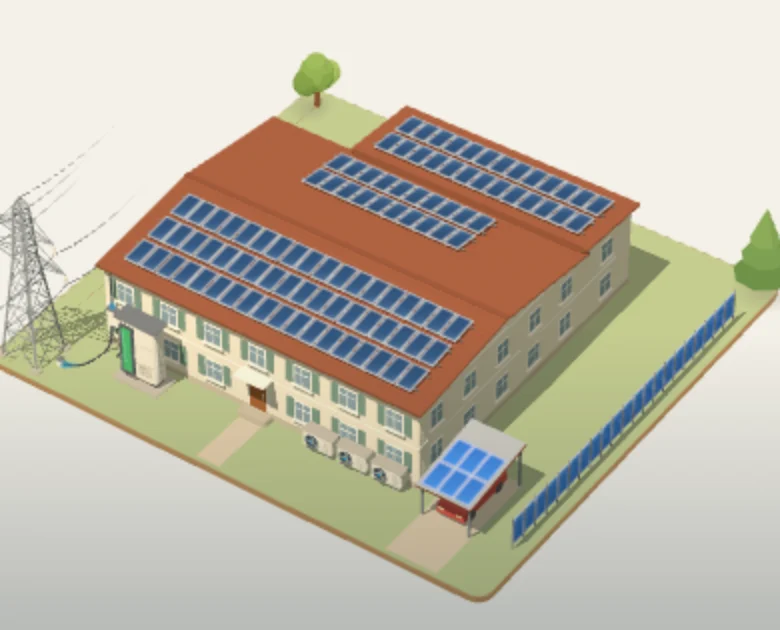 Voice Lab capture: a large building with roof panels, AC units, storage, a solar carport and a solar fence