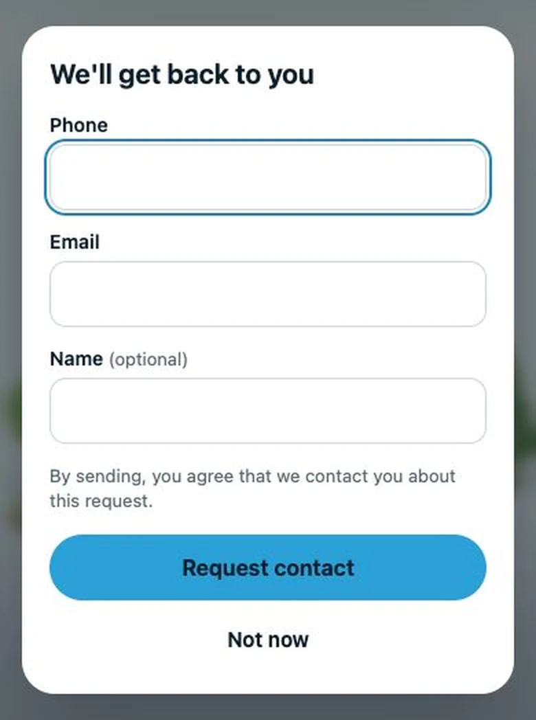 Voice Lab capture: a contact request card titled We'll get back to you, with phone, email and name fields